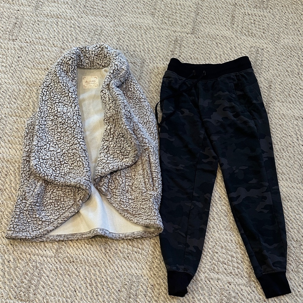 Altar'd State Cream Sherpa Sleeveless Vest with Black Camo Joggers